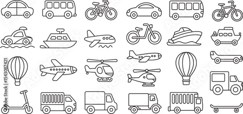 Black And White Line Art Icons Set Transportation Vehicles Cars Buses Planes Helicopters Boats Bikes Scooter Truck