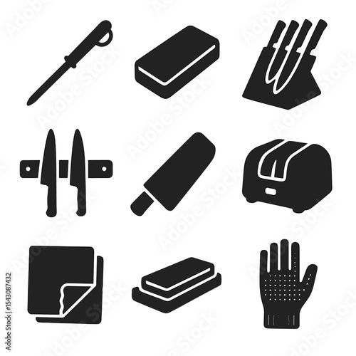 Knife Maintenance Icons. Solid style icons of knife maintenance tools: honing steel, sharpening stone, knife block, magnetic knife