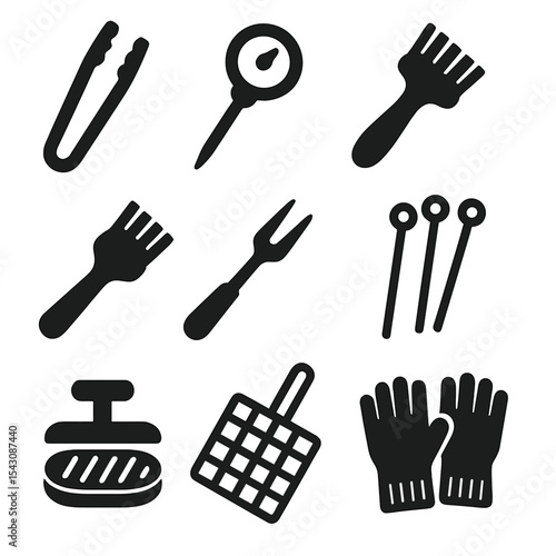 BBQ Tools Icons. Solid style icons of grilling and BBQ tools: grill tongs, meat thermometer, grill brush, basting brush, BBQ fork,