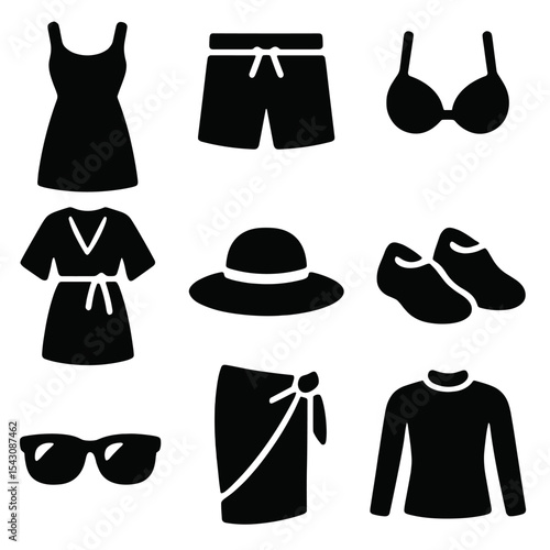 Beachwear Icon Collection. Solid style icons of beachwear and accessories: beach dress, swim trunks, bikini top, beach cover-up,