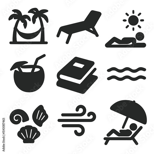 Beach Relaxation Icons. Solid style icons of beach relaxation: hammock, lounge chair, sunbathing pose, coconut drink, book on