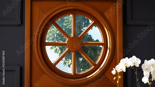 A close-up photograph of a large circular wooden window with a warm honey-brown stain