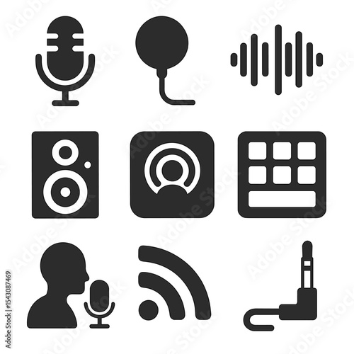 Podcast Gear Icons. Solid style icons of podcast gear: condenser microphone, pop filter, recording waveform, studio monitor,