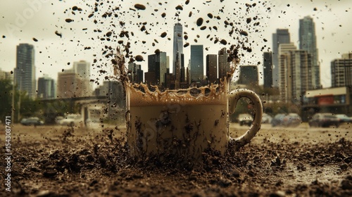 A coffee cup with a city skyline in the background.