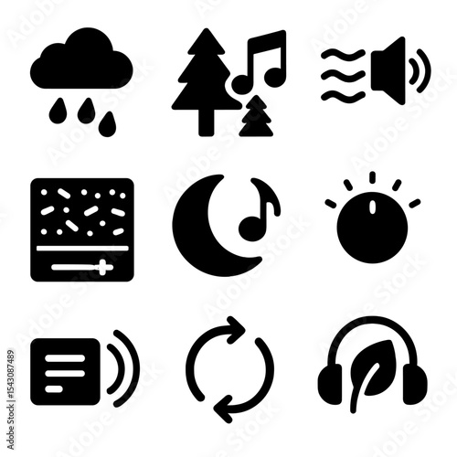 Ambient Sound Icons. Solid style icons of ambient soundscapes: rain sound icon, forest ambience, waves audio icon, white noise
