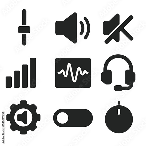 Sound Interface Icons. Solid style icons of sound interfaces: volume slider, speaker with waves, mute icon, equalizer bars,