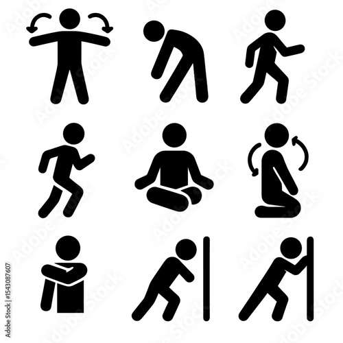 Warm-Up and Cooldown Icons. Solid style icons of warm-up and cooldown: arm circles, toe touches, dynamic stretch, static stretch,