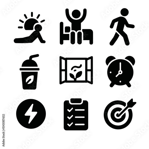Morning Fitness Icons. Solid style icons of morning fitness routine: sunrise pose, wake-up stretch, light cardio icon, smoothie