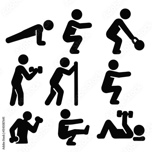 Home Strength Training Icons. Solid style icons of home strength training: push-up icon, bodyweight squat, dumbbell row,