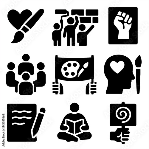 Art Icons for Change. Solid style icons of art for change: paintbrush and cause, community mural wall, activist art poster, story