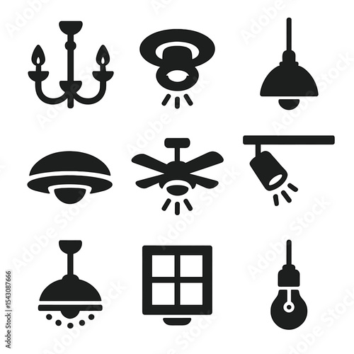 Ceiling Light Icons. Solid style icons of ceiling lighting: chandelier icon, recessed spotlight, pendant lamp, flush mount light,