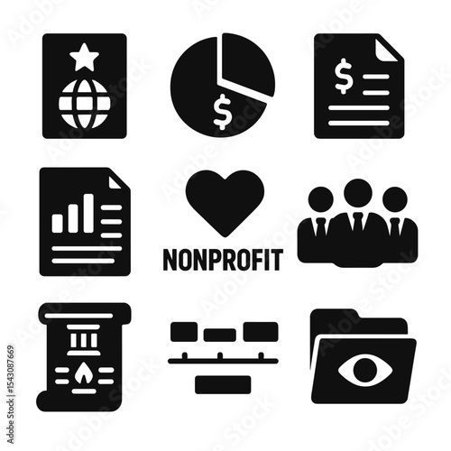 Nonprofit Icons Collection. Solid style icons of nonprofit operations: mission statement icon, funding chart, grant application