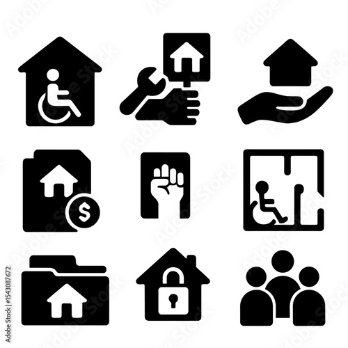 Accessible Housing Icons. Solid style icons of accessible housing: wheelchair-friendly home, repair support icon, housing rights