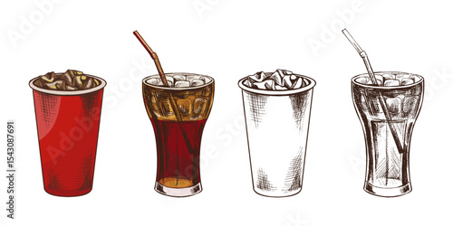 Hand drawn vintage sketch of iced soda and soft drinks in paper and glass cups, color and monochrome set