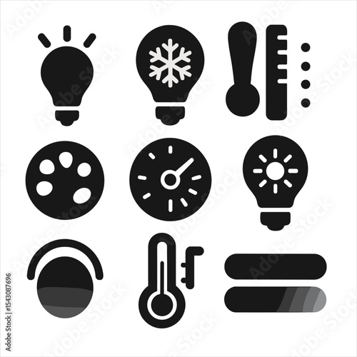 Lighting Mood Icons. Solid style icons of light temperature and mood: warm light bulb, cool light icon, Kelvin scale indicator,
