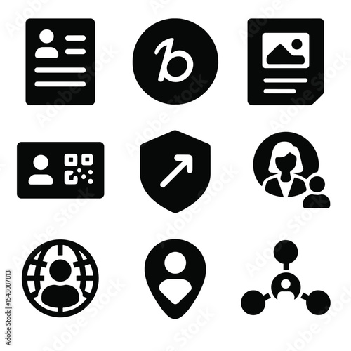 Professional Identity Icons. Solid style icons of professional identity: digital resume icon, personal brand logo, online