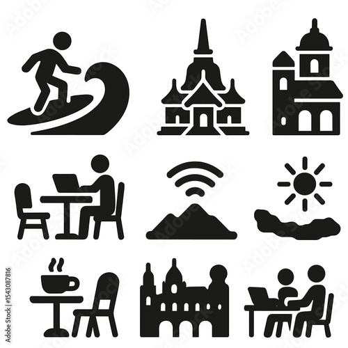 Nomad Destination Icons. Solid style icons of popular nomad destinations: Bali surf icon, Lisbon workspace, Chiang Mai temple,