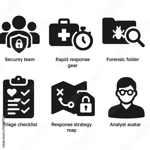 Incident Response Icons. Solid style icons of incident response team: security team icon, rapid response gear, forensic folder,