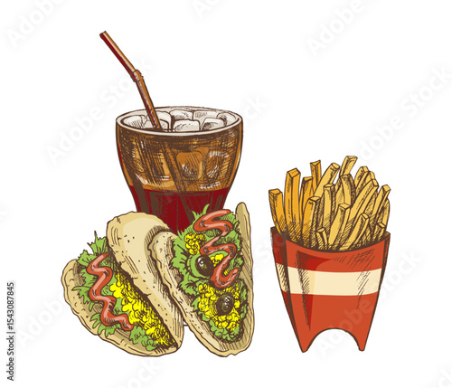 Hand drawn vintage sketch of fast food combo with tacos, fries and soda drink in red cup, color illustration