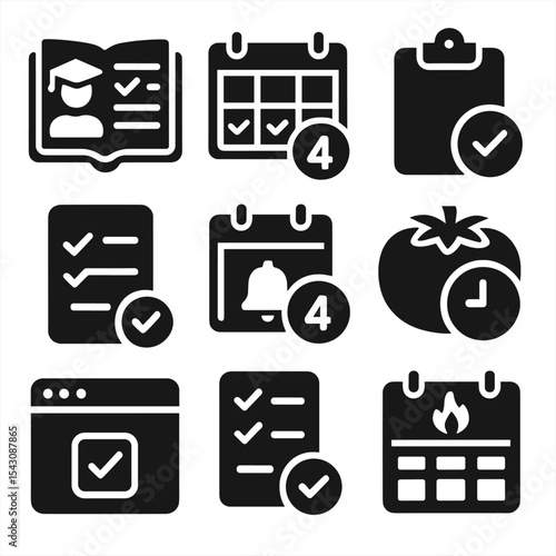 Study Tracking Icons. Solid style icons of student study tracking: study planner icon, revision tracker, homework log, exam