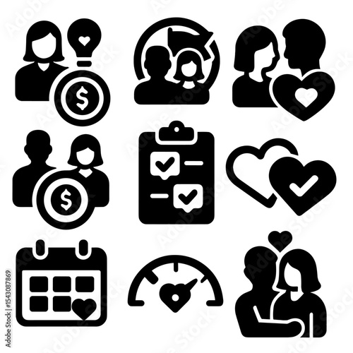Couple Goal Icons. Solid style icons of couple or shared goal tracking: shared vision icon, couple milestone badge, relationship