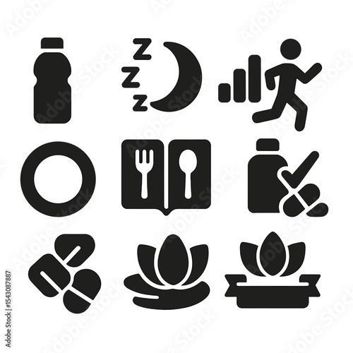 Health Habit Icons. Solid style icons of health habit tracking: hydration tracker icon, sleep log moon, step count chart, exercise