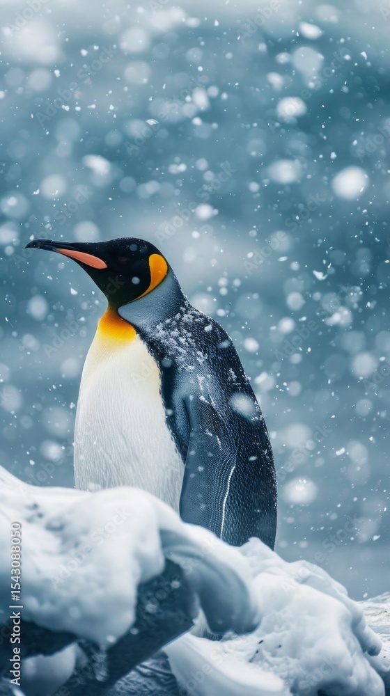 Obraz premium A penguin standing in front of a snow storm. Useful for articles about nature, animals and climatic conditions.