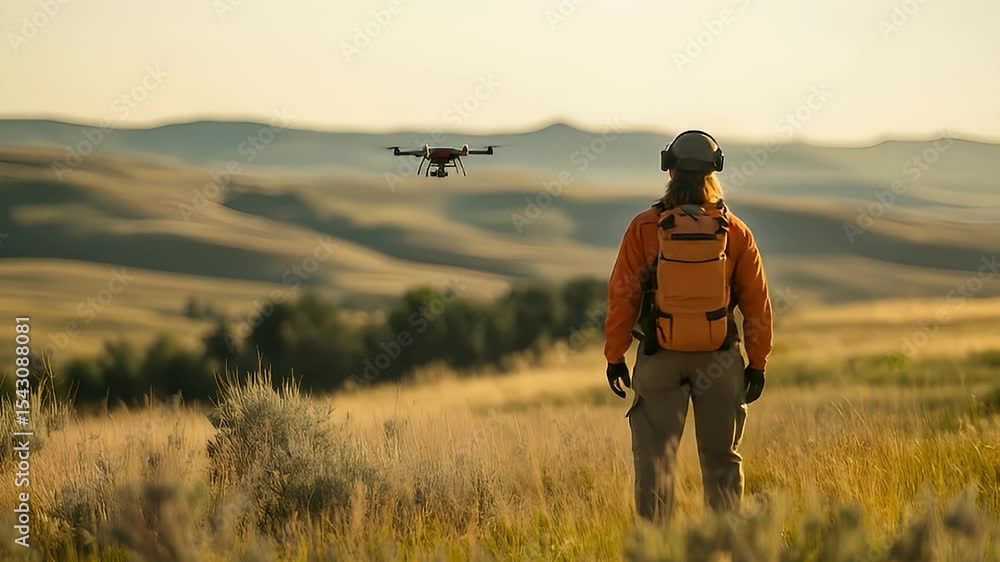 Person with Orange Backpack Flying Drone in Grassy Field Under Hazy Golden Sky Person with Orange Backpack Flying Drone in Grassy Field Under Hazy Golden Sky