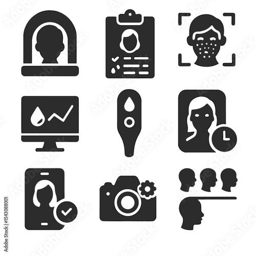Skincare Diagnostic Icons. Solid style icons of personalized skincare diagnostics: facial scanner icon, skin type analysis report,