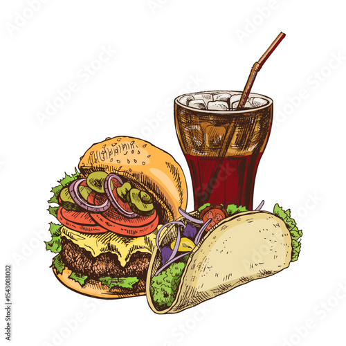 Hand drawn vintage sketch of fast food combo with cheeseburger, taco and soda drink, colorful vector illustration