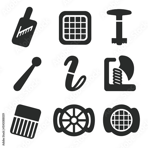 Kitchen Tool Icons. Solid style icons of cutting and slicing hacks: julienne slicer, tomato cutter grid, pineapple corer, melon
