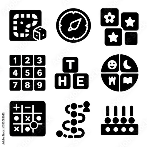 Educational Game Icons. Solid style icons of learning games: educational board game, quiz spinner, memory card match, number tile