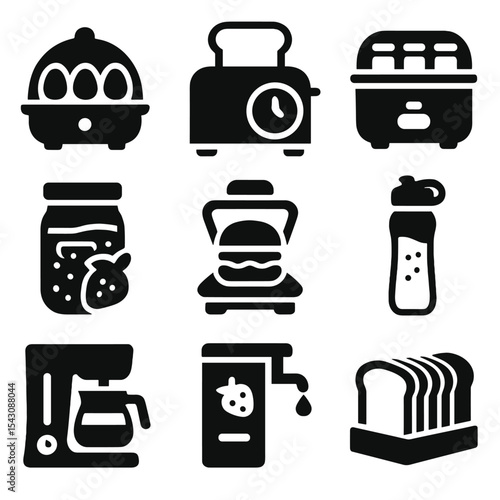 Breakfast Hack Icons. Solid style icons of breakfast hacks: egg cooker icon, toaster with countdown, yogurt maker, overnight oats