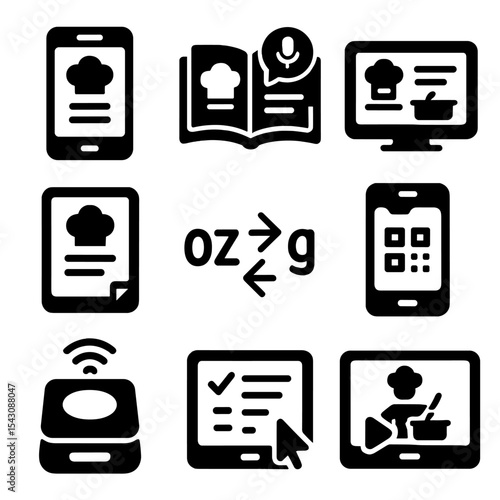Digital Cooking Icons. Solid style icons of digital cooking aids: recipe app icon, voice search cookbook, kitchen screen UI,