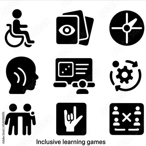 Inclusive Learning Icons. Solid style icons of inclusive learning games: wheelchair game icon, visual aid cards, simplified rules