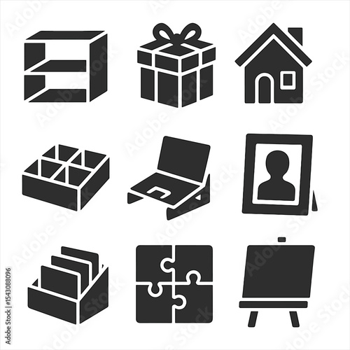 Cardboard Upcycling Icons. Solid style icons of cardboard upcycling: cardboard shelf, gift box from cereal box, toy house model,