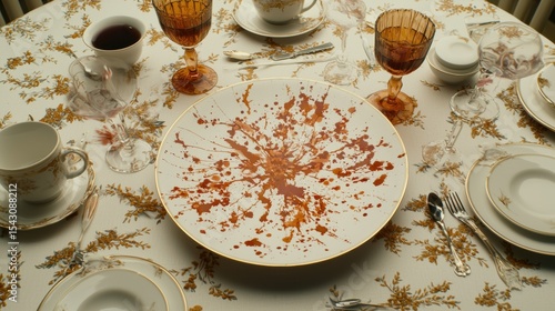 A table setting with a white tablecloth and gold floral pattern.