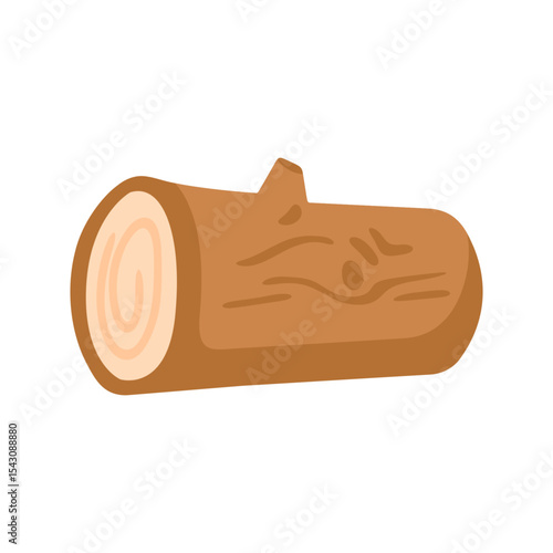 Cartoon Firewood Log Icon. Cartoon illustration of a cut wooden log with bark texture and growth rings. Flat style, isolated on white background.