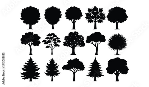 Collection of black silhouettes of various trees
