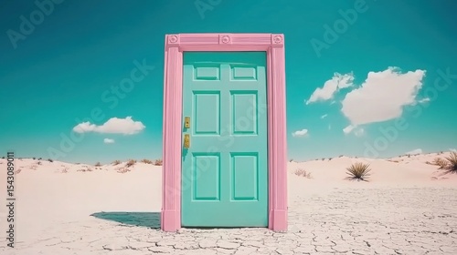 A pink door with gold handle stands in a desert.