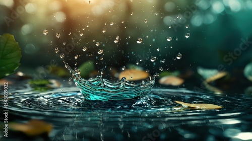 A water droplet splashes into a body of water, creating a dynamic scene.