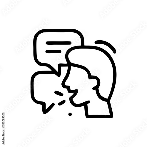 Bold Line Art Illustration of Person Speaking with Speech Bubbles.