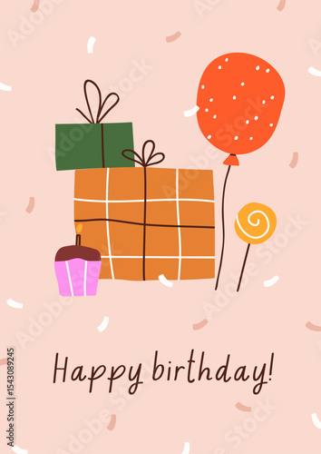 Happy birthday, greeting card. Festive postcard design with gift boxes, candi...