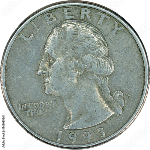 25 cents quarter US Dollar liberty coin head 1993 in god we trust isolated on transparent background