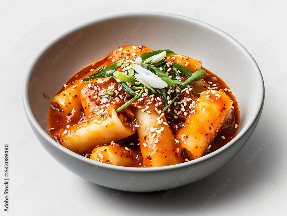 A bowl of delicious Korean tteokbokki served in a stylish bowl A bowl of delicious Korean tteokbokki served in a stylish bowl