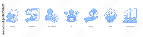 Targeted Marketing Strategy banner web icon set vector illustration concept with icon of strategy, collateral, niche market, b2c, pricing, crm, demographic