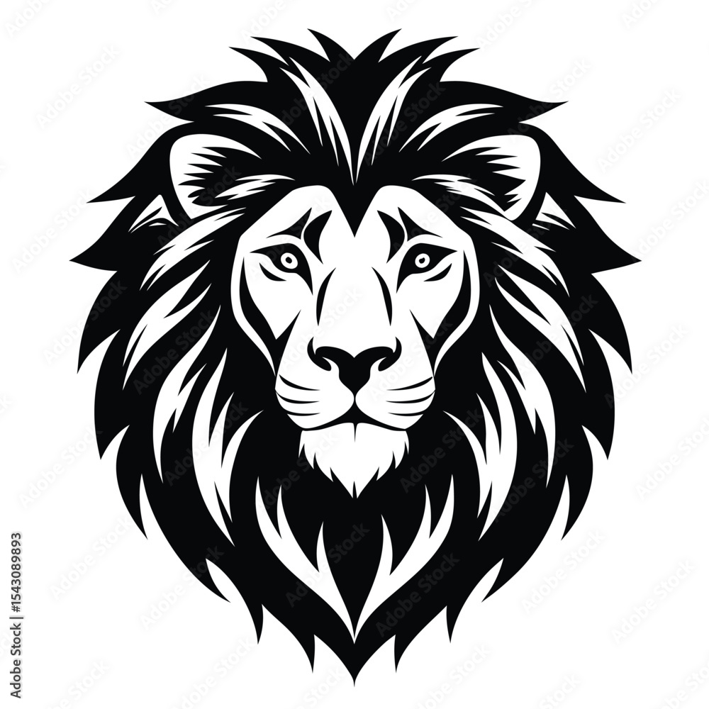 Fototapeta premium Bold, detailed lion head features a strong mane in striking black silhouette