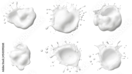 Set of white foam soap splashes with bubbly texture and dynamic liquid shapes isolated on white background
