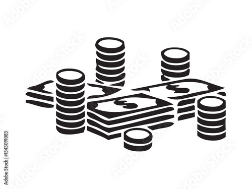 Vector isolated cash money coins and bills stack bundle colorless black and white outline silhouette shadow shape stencil solid black