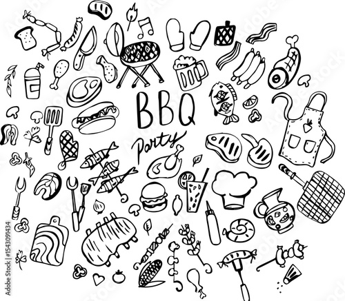 BBQ party doodles with grilling utensils and food icons  